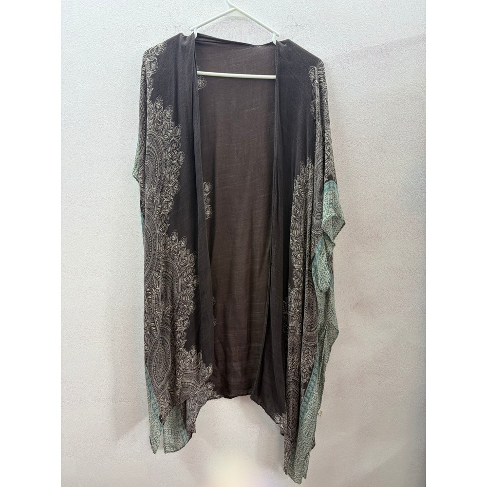 Macchia di Ruggine Brown Teal Mandala Paisley Open Front Kimono Wrap One Size